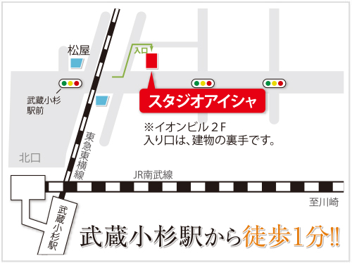 武蔵小杉駅北口からスタジオへの地図